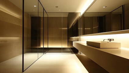 Modern bathroom with a glass shower and a sink.