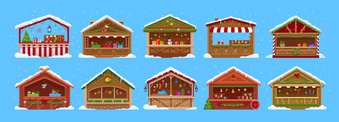 Christmas market stalls and booths. Vector Xmas winter holiday fair stands, food kiosks, shops and stores. Cartoon Christmas market wood stalls with snow, Xmas tree, gingerbread, gifts and lights