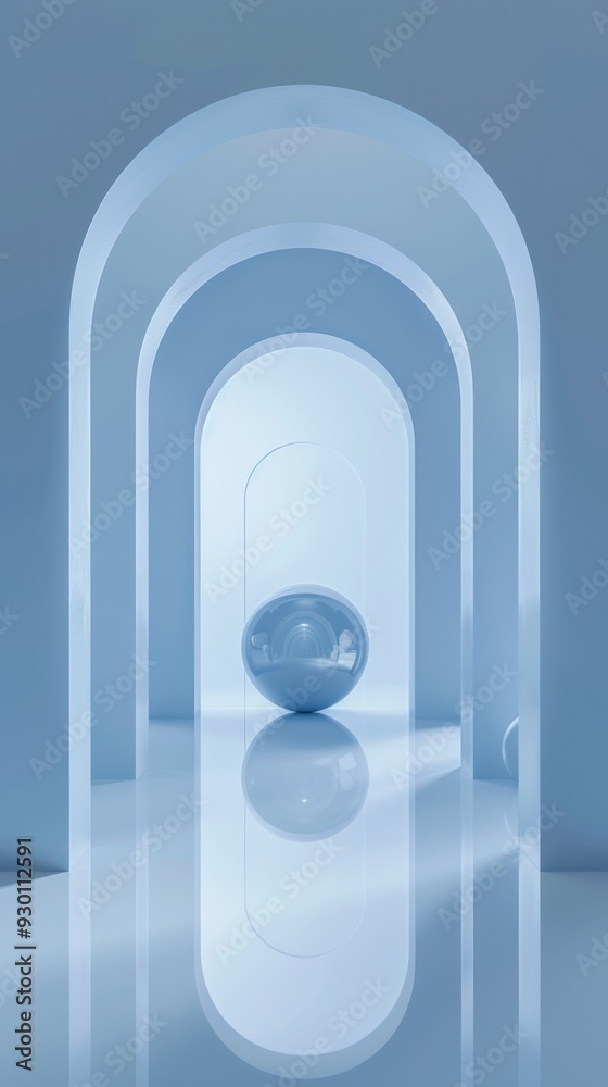 Poster a tranquil minimalist environment showcases rounded arches and a reflective blue orb, creating a ser