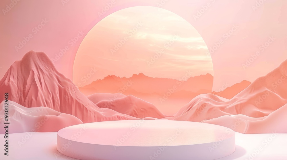 Poster soft pastel colors create a tranquil atmosphere with mountains and a prominent sun setting in the ba