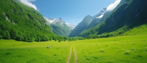 Obraz premium A verdant valley enclosed by mountains beneath a cobalt sky A path weaves through its heart