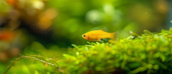  A small yellow fish perches atop a lush, green plant with numerous tiny leaves in an aquarium