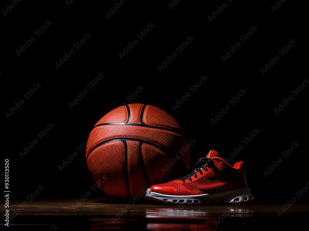 Sticker Close-up view of basketball and net on wood