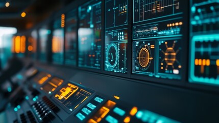 Obraz premium A close-up of a power plant's control room with detailed panels, gauges, and screens, highlighting the technology and operations behind energy production.