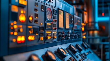 Naklejka premium A close-up of a power plant's control room with detailed panels, gauges, and screens, highlighting the technology and operations behind energy production.