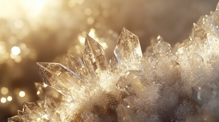 An abstract image of frozen crystals with sparkling, icy textures, set against a softly lit, frozen landscape.