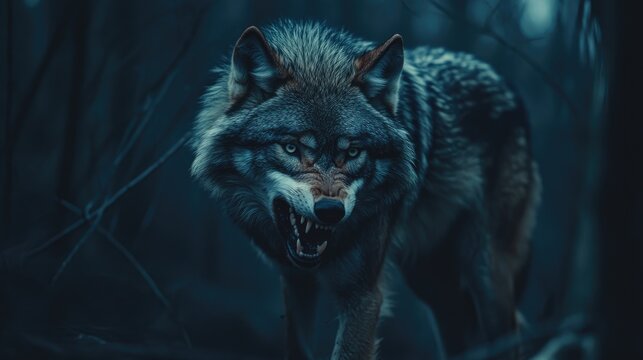 An angry lone wolf in a dark forest, ready to attack, representing the ferocity and danger of a wild predator.