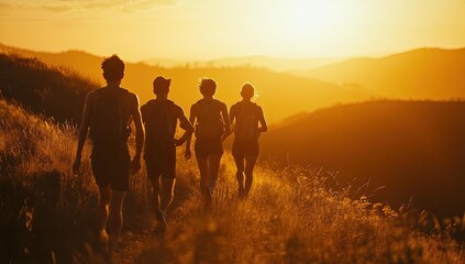 Four silhouetted figures walk uphill at sunset.