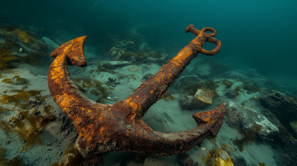  abandoned Rusted anchor of old pirate ship in deep underwater ocean floor
