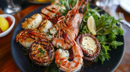 A delicious seafood platter from above, featuring grilled prawns, octopus, and scallops, served with garlic butter and fresh greens on the side.