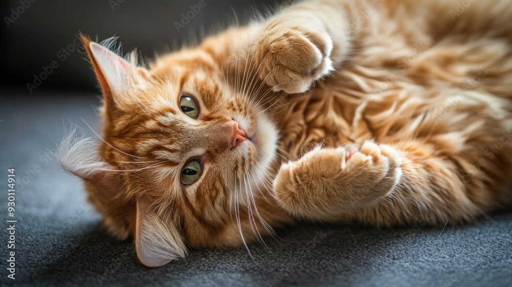 Aufkleber A fluffy orange tabby cat lying on its back with its paws in the air, displaying a playful and relaxed attitude.