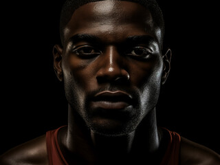Basketball and player isolated on black background, closeup