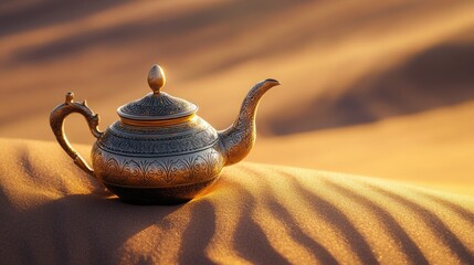 An Oriental gold teapot resting on the sandy surface of a desert dune, capturing the essence of exotic lands.