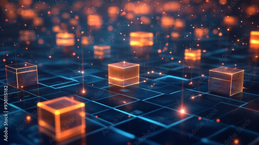 Fototapete A futuristic 3D heatmap with glowing cubes representing data intensity, displayed over a grid surface, emphasizing high-tech analytics and information flow.