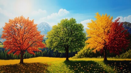 Vibrant autumn landscape featuring colorful trees under a bright blue sky, showcasing the beauty of nature in changing seasons.