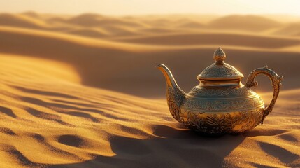 An ornate gold teapot lying in the sand, lost in the vast desert dunes, representing the mystery and allure of the Orient.