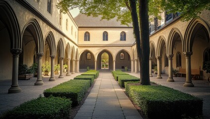 Fototapeta premium Stone arched walkway with hedges and a tree.