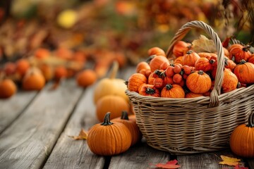 A beautiful autumn arrangement featuring a basket filled with vibrant pumpkins, showcasing fall colors on a rustic wooden surface.