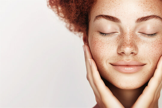 Young African american woman with beautiful freckles and curly hair is closing her eyes and holding her face, enjoying the feeling of her soft skin. Copy space. Isolated on white background
