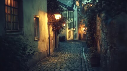 Vintage European alleyway at dusk, illuminated by warm, golden street lamps, cobblestone path, watercolor style, soft pastel colors, lightly textured, serene atmosphere