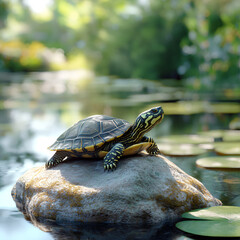 Turtle on a Rock by Water
