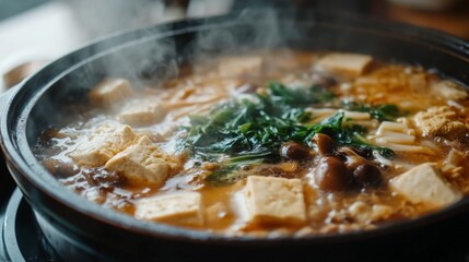 A high-resolution close-up of a hot pot with a rich, flavorful broth, featuring close-up details of ingredients like mushrooms and tofu cooking inside.
