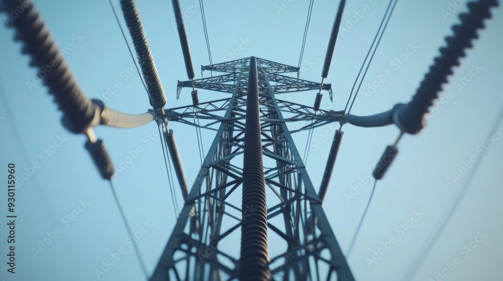 Poster a high-resolution close-up of a power transmission tower, focusing on the metal framework and insula