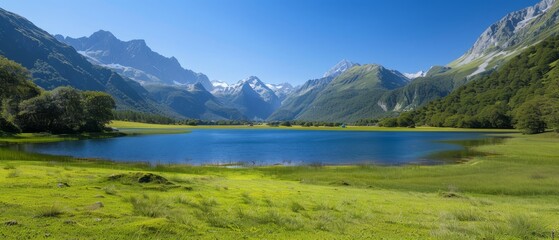 Fototapeta premium A vast expanse of water is encompassed by a verdant meadow and a majestic mountain range, the peaks gleaming with snow