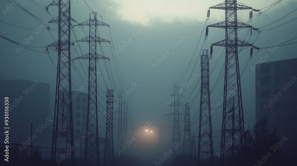 Poster A high-resolution shot of multiple electricity transmission towers lined up in a row, emphasizing their scale and the extensive network of power lines.