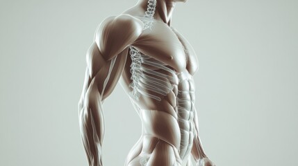 A high-resolution shot of a human torso showing the anatomical structure, including well-defined abs and ribcage, emphasizing the body form and fitness.