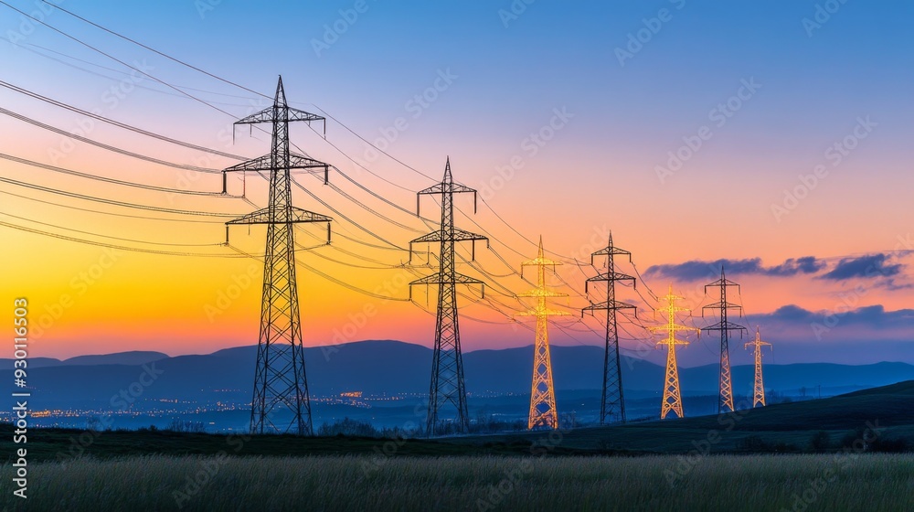 Aufkleber A high-resolution shot of multiple electricity transmission towers lined up in a row, emphasizing their scale and the extensive network of power lines.