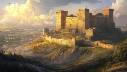 Fototapeta premium Stone castle on hilltop overlooking town.