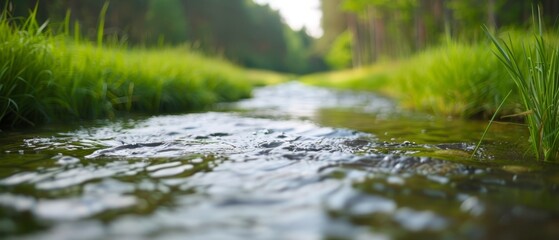 Fototapeta premium A stream winds through a verdant forest, surrounded by tall grass on either bank