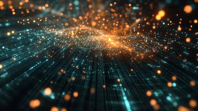 A highly detailed 3D scatter plot with data points hovering in space, connected by lines, symbolizing the intersection of technology and data analysis.