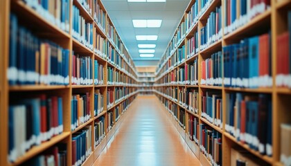 Narrow aisle between bookshelves full of books in library