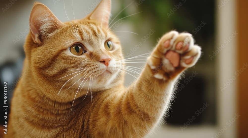 Poster a playful close-up of a fat orange cat reaching out with its paw, looking like it's ready to swat at
