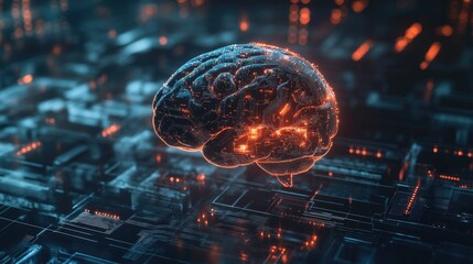 Electronic cyber brain with neural circuits, representing advances in AI, biotechnology, and quantum computing.