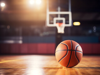 Basketball ball on wooden court with youth sports team in the background