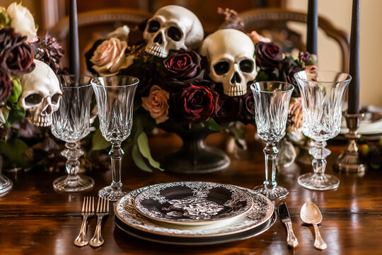 A beautifully set table features decorative skulls and elegant floral arrangements, creating a spooky yet sophisticated atmosphere for a festive dinner
