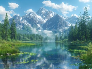 Fototapeta premium Picturesque Mountain River Landscape, Digital Art