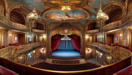 Fototapeta premium Ornate theater interior with stage and seating.