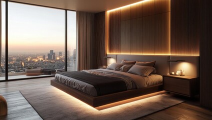 Modern bedroom with city view and warm lighting.