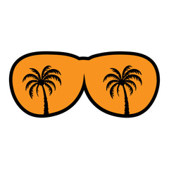 A pair of sunglasses with palm trees silhouetted against an orange sunset background