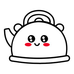 A cute, round white teapot with a smiling face, black outline, and red cheeks