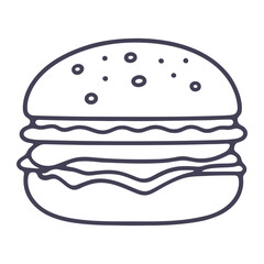 A simple line drawing of a hamburger with a bun, patty, and dots representing toppings