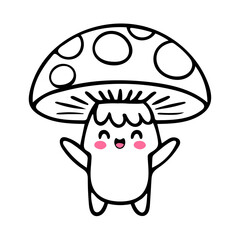 A cute, kawaii-style mushroom character with a smiling face and large eyes