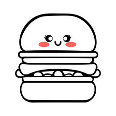 Cute cartoon hamburger with big eyes and rosy cheeks on a white background