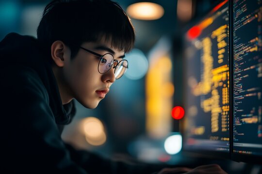 asian young IT Computer specialist analysing artificial intelligence digital threats to consumer data & privacy breach