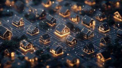 A cityscape of houses with lights on them