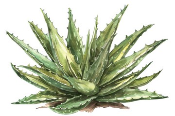 Fototapeta premium A botanical illustration of an aloe vera plant, highlighting its thick, spiky leaves and a cross-section showing the gel inside